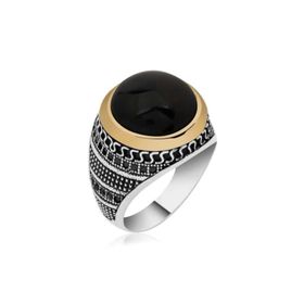 Gumush MR0580037 Sıkma Kehribar Taşlı Gümüş Erkek Yüzük