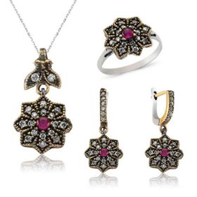 Gumush Otantik Çiçek Kadın Gümüş Set
