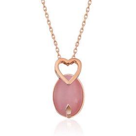 Gumush Pembe Kedi Gözü Taşlı Kalp Gümüş Kadın Kolye