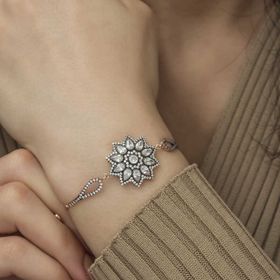 Gumush Rose çiçek Desenli Elmas Montür Gümüş Bileklik