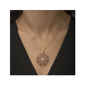 Gumush Rose Etnik Desenli Madalyon Gümüş Kolye