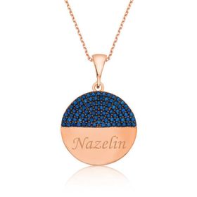 Gumush Rose Mavi Taşlı İsimli Bayan Gümüş Kolye