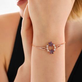 Gumush Rose Mor çiçek Kadın Gümüş Bileklik
