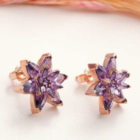 Gumush Rose Mor Lotus Çiçeği Çivili Kadın Gümüş Küpe