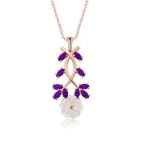 Gumush Rose Mor Yapraklı Bahar Çiçeği Gümüş Kolye