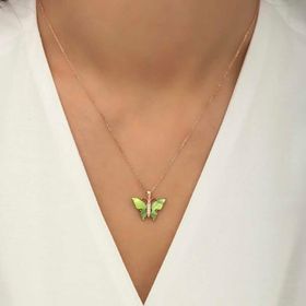 Gumush Rose Yeşil Kaplangözü Taşlı Kelebek Gümüş Kolye