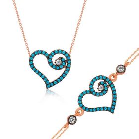 Gumush ST1160075 Mavi Kalpli Kadın Gümüş Set