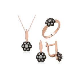 Gumush ST1160119 Elmas Montür Çiçek Kadın Gümüş Set