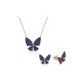 Gumush ST1160125 Lacivert Kelebek Kadın Gümüş Set