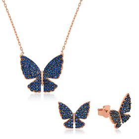 Gumush ST1160125 Lacivert Kelebek Kadın Gümüş Set