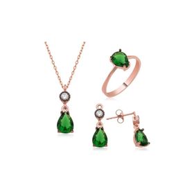 Gumush ST1160131 Yeşil Damla Taşlı Kadın Gümüş Set