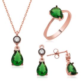 Gumush ST1160131 Yeşil Damla Taşlı Kadın Gümüş Set