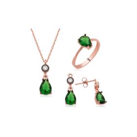 Gumush ST1160131 Yeşil Damla Taşlı Kadın Gümüş Set