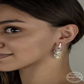 Gumush Swarovski Crystal Taşlı Gümüş Kalp Salkım Sallantılı Çivili Kadın Küpe