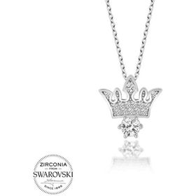 Gumush Swarovski Taşlı Kral Tacı Gümüş Kadın Kolye