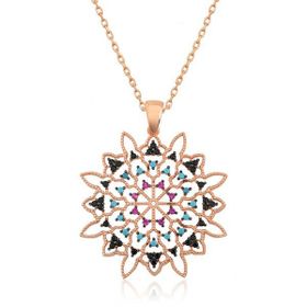 Gumush T4464 Geometrik Desenli Madalyon Gümüş Kolye