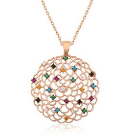 Gumush T4465 Gümüş Rose Geometrik Desenli Madalyon Kolye