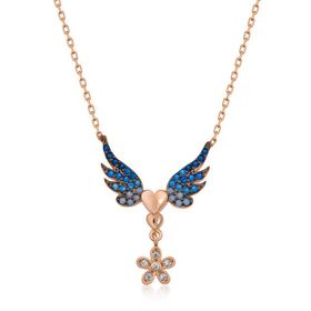 Gumush T4560 Gümüş Rose Çiçekli Kanatlı Kalpli Kolye
