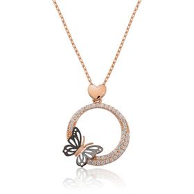 Gumush T4584 Gümüş Rose Kalpli Kelebek Çemberi Kolye