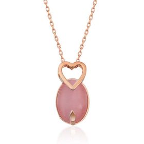 Gumush T4757 PB Pembe Kedi Gözü Taşlı Kalp Gümüş Kolye