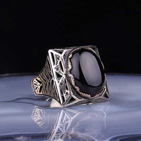 Gumush T5043 Siyah Zirkon Taşlı Kare Erkek Gümüş Yüzük