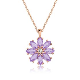 Gumush T5104 Gümüş Rose Lila Çiçek Kolye