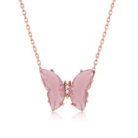 Gumush T5186 Gümüş Rose Pudra Cam Kelebek Kolye