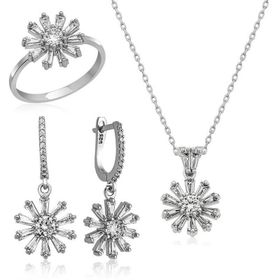 Gumush T5564 PB Trapez Taşlı Çiçek Bayan Gümüş Set