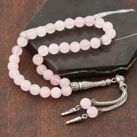 Gumush T5648 PB ​Doğaltaş Metal Püsküllü Pembe Kuvars Taşlı Gümüş Tesbih