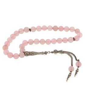 Gumush T5648 PB ​Doğaltaş Metal Püsküllü Pembe Kuvars Taşlı Gümüş Tesbih
