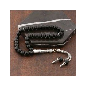 Gumush T5665 PB ​Doğaltaş Metal Püsküllü Oniks Taşı Gümüş Tesbih