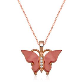 Gumush T5916 Gümüş Rose Pembe Kaplangözü Taşlı Kelebek Kolye