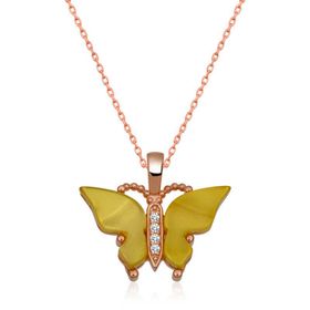 Gumush T5918 Gümüş Rose Sarı Kaplangözü Taşlı Kelebek Kolye