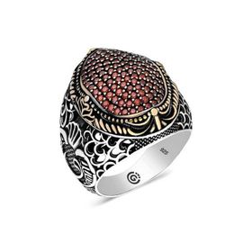 Gumush T6269 Kırmızı Zirkon Taşlı Oval Erkek Gümüş Yüzük
