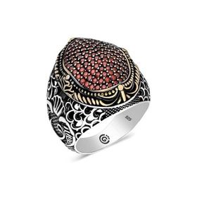 Gumush T6269 Kırmızı Zirkon Taşlı Oval Erkek Gümüş Yüzük