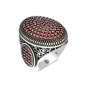 Gumush T6269 Kırmızı Zirkon Taşlı Oval Erkek Gümüş Yüzük