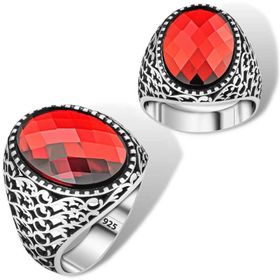 Gumush T6269 Kırmızı Zirkon Taşlı Oval Erkek Gümüş Yüzük