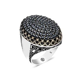 Gumush T6328 Siyah Zirkon Taşlı Oval Erkek Gümüş Yüzük
