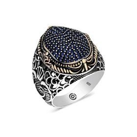 Gumush T6333 Lacivert Zirkon Taşlı Oval Erkek Gümüş Yüzük