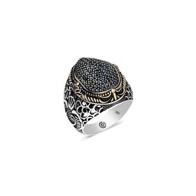 Gumush T6336 Siyah Zirkon Taşlı Oval Erkek Gümüş Yüzük