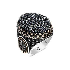 Gumush T6338 Siyah Zirkon Taşlı Oval Erkek Gümüş Yüzük