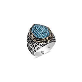 Gumush T6340 Turkuaz Zirkon Taşlı Oval Erkek Gümüş Yüzük