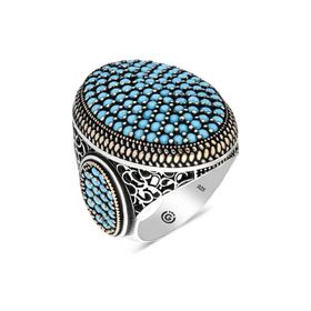 Gumush T6343 Turkuaz Zirkon Taşlı Oval Erkek Gümüş Yüzük