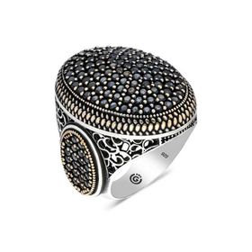 Gumush T6344 Siyah Zirkon Taşlı Oval Erkek Gümüş Yüzük