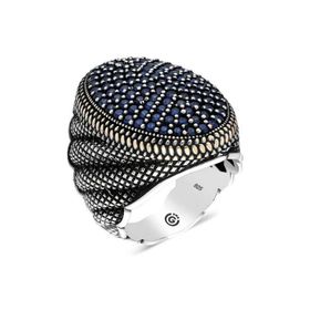 Gumush T6352 Lacivert Zirkon Taşlı Oval Erkek Gümüş Yüzük