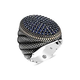 Gumush T6352 Lacivert Zirkon Taşlı Oval Erkek Gümüş Yüzük