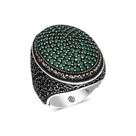 Gumush T6353 Yeşil Zirkon Taşlı Oval Erkek Gümüş Yüzük