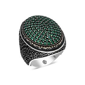 Gumush T6353 Yeşil Zirkon Taşlı Oval Erkek Gümüş Yüzük