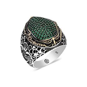 Gumush T6353 Yeşil Zirkon Taşlı Oval Erkek Gümüş Yüzük