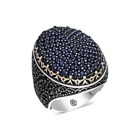 Gumush T6355 Lacivert Zirkon Taşlı Oval Erkek Gümüş Yüzük